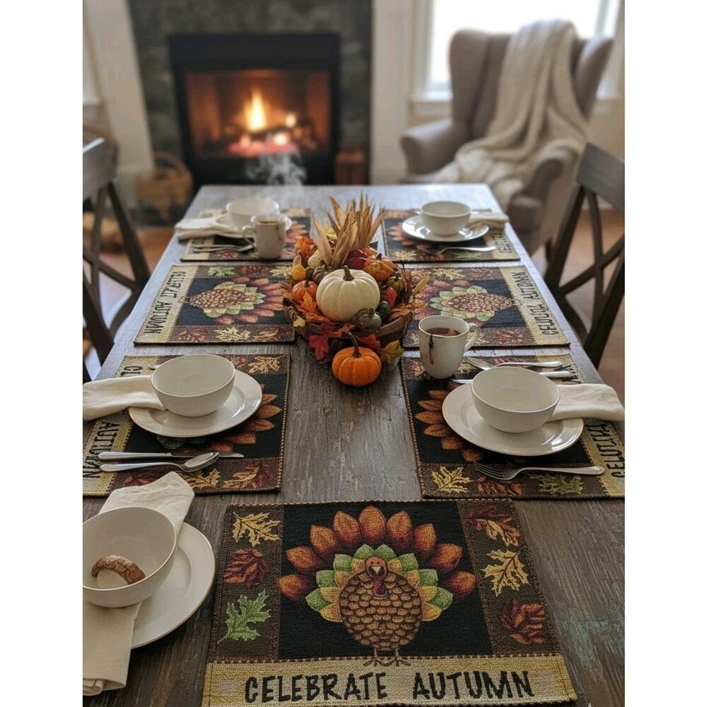 Lot of 6 Windham Home Celebrate Autumn Thanksgiving Tapestry‎ Placemats 13"x19"